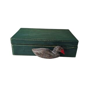 Vintage Collectible Green Wooden Storage Box with Carved Duck Accent